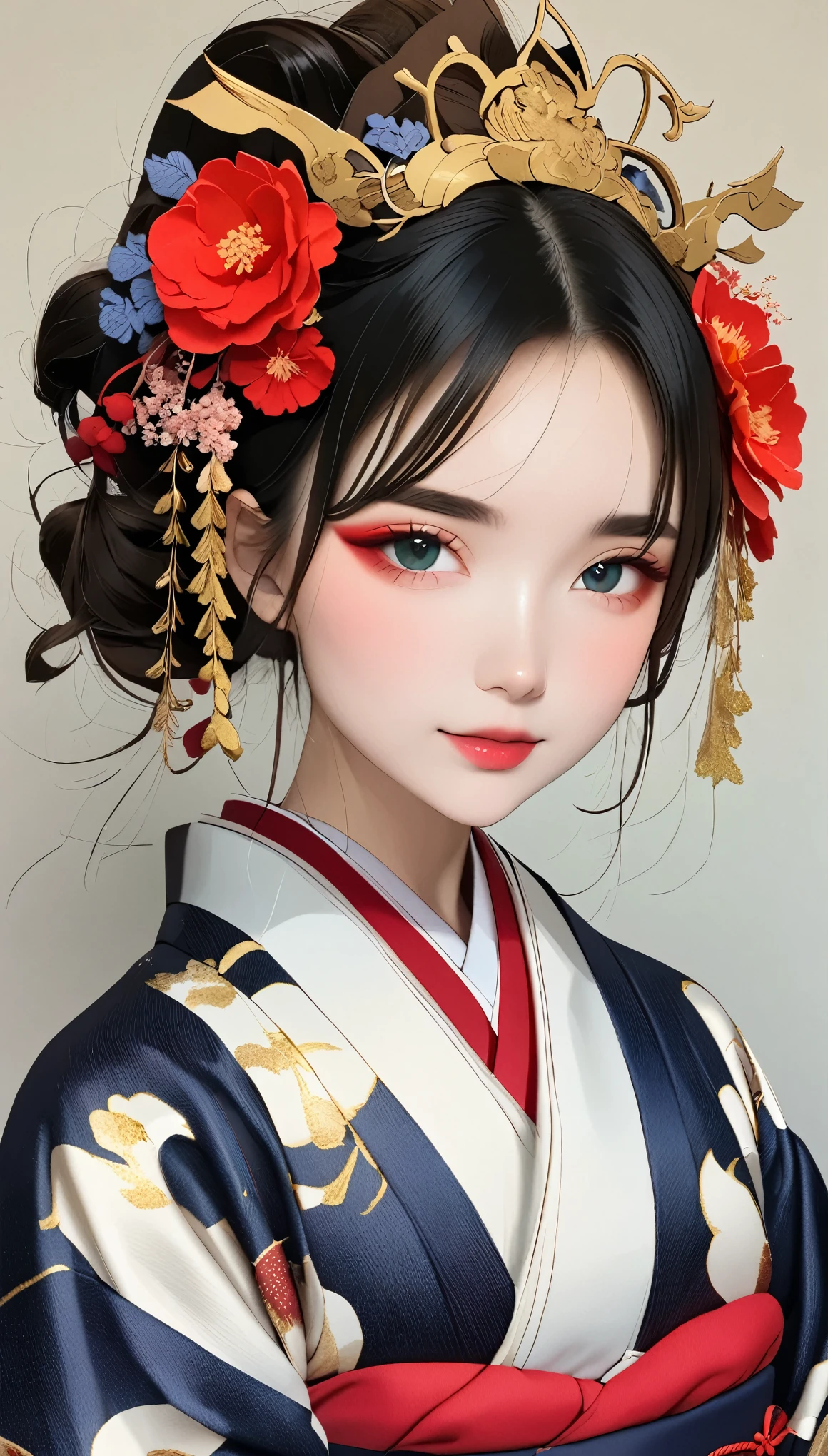 Alafi wearing a kimono with a red flower headpiece, Geisha Makeup, Portrait of a Geisha画, Geisha Makeup, Cute Face、Thin eyebrows、Portrait of a Geisha, Beautiful Geisha, Japanese Geisha, Glamorous and sexy geisha, 美しいPortrait of a Geisha画, Portrait of a Geisha, Geisha hairstyle, remarkable Geisha Makeup