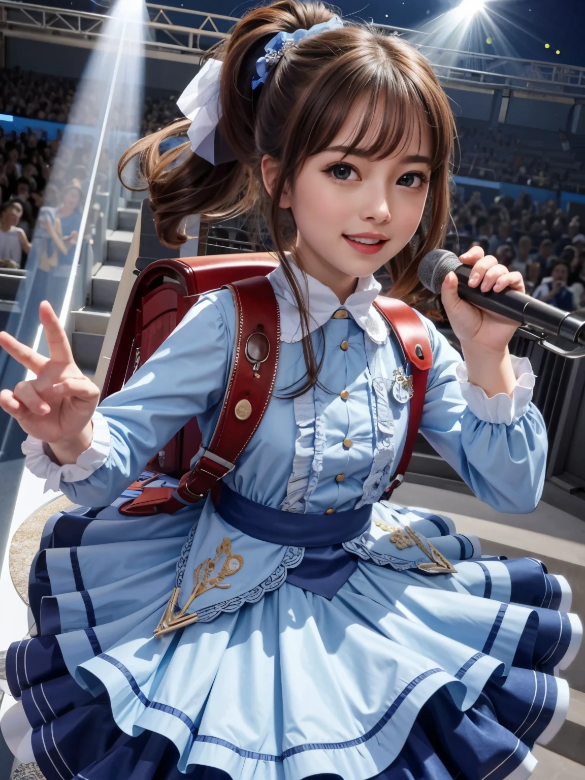 masterpiece, realistic best quality, high resolution, extremely detailed, detailed background, cinematic lighting, 1girl, looking at viewer, blue dress, brown hair, brown eyes, long hair, ponytail, blue hair ribbon, singing, singer, smile, opened mouth, holding microphone, music concert, stage, wear dress, idol dress, wearing randoseru backpack, (backpack:1.1), standing, fullbody, brown hair, blue eyes