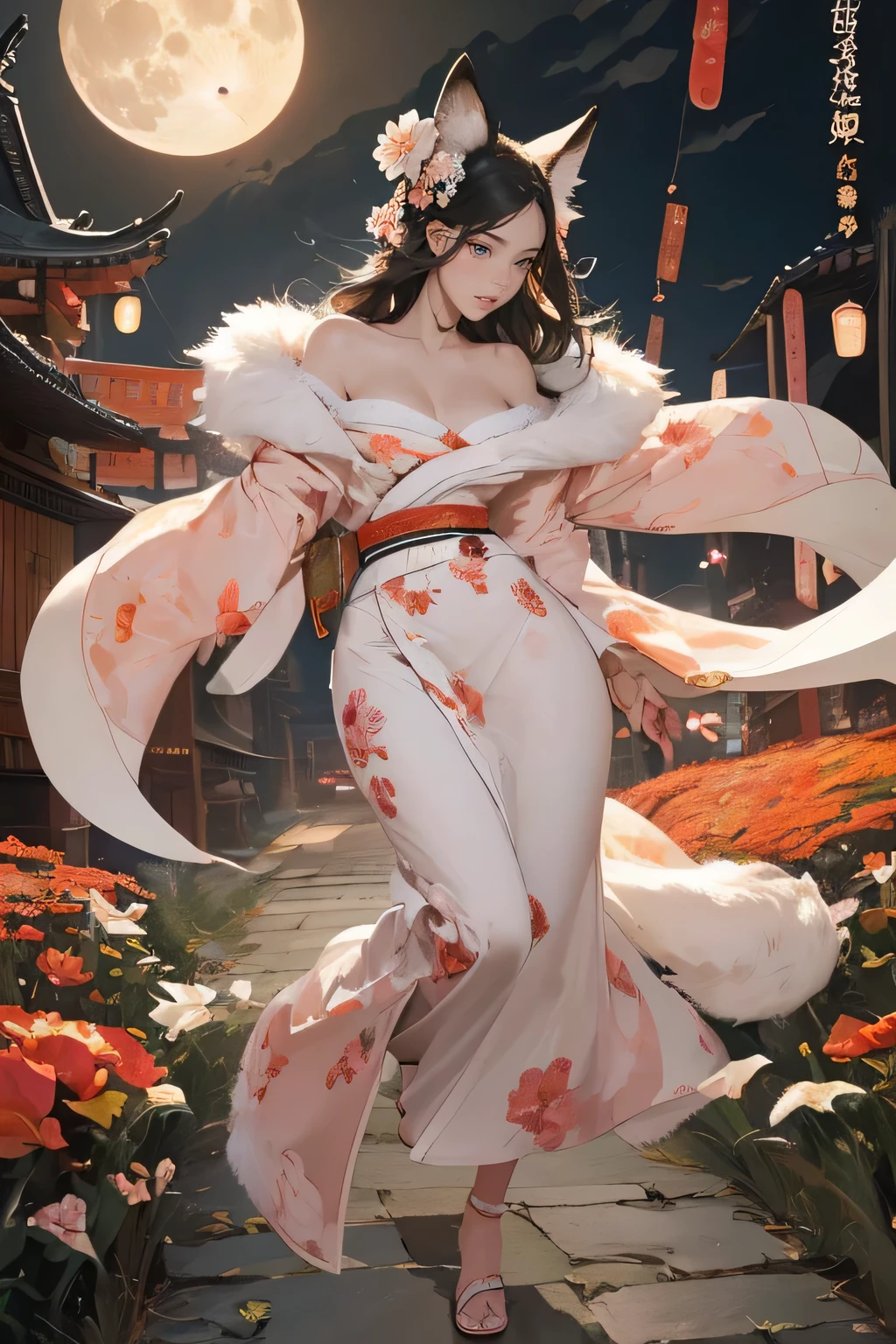 Masterpiece, Best Quality, ((head, hands and feet in frame)),( full body picture),1girl,fit,athletic, small breasts, picture of a stunning beautiful beeing from japanese folklore kitsune, a mystic woman with beautiful defined body unnatural long black hair, white fox ears, nine white fox tails, a beautiful (magent-peach-white kimono robe(multilayered) one nude shoulder and one legs shown,with beautiful patterns and flower prints, dancing in moonlight in garden(full moon and clouds) the whole scenery is dark and a bit of scary but also awe inspiring. asia paper lanterns, (ultra detailed), (most absurd), (highres), (official art:1.4), (illustration:1.4), (clear image:1.2),(delicate illustration: 1.2), 8k ,(detailed face:1.3), (highlights in eyes:1.3), (detailed fur:1.3), (detailed skin:1.3), , perfect drawing lines. graphic asia background, very detailed, comicbook style,1 line drawing,makeup,