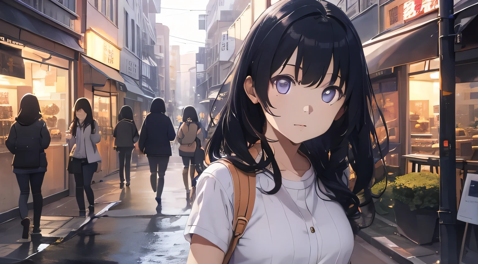 City Street。stroll。Cute older sister。night。Blue Moment。Anime Style。Gentle lines。Upper Body。front。looking at the camera。Casual clothing。Show a wonderful view (highest quality, High resolution, Realistic), Vivid colors, Professional Lighting.