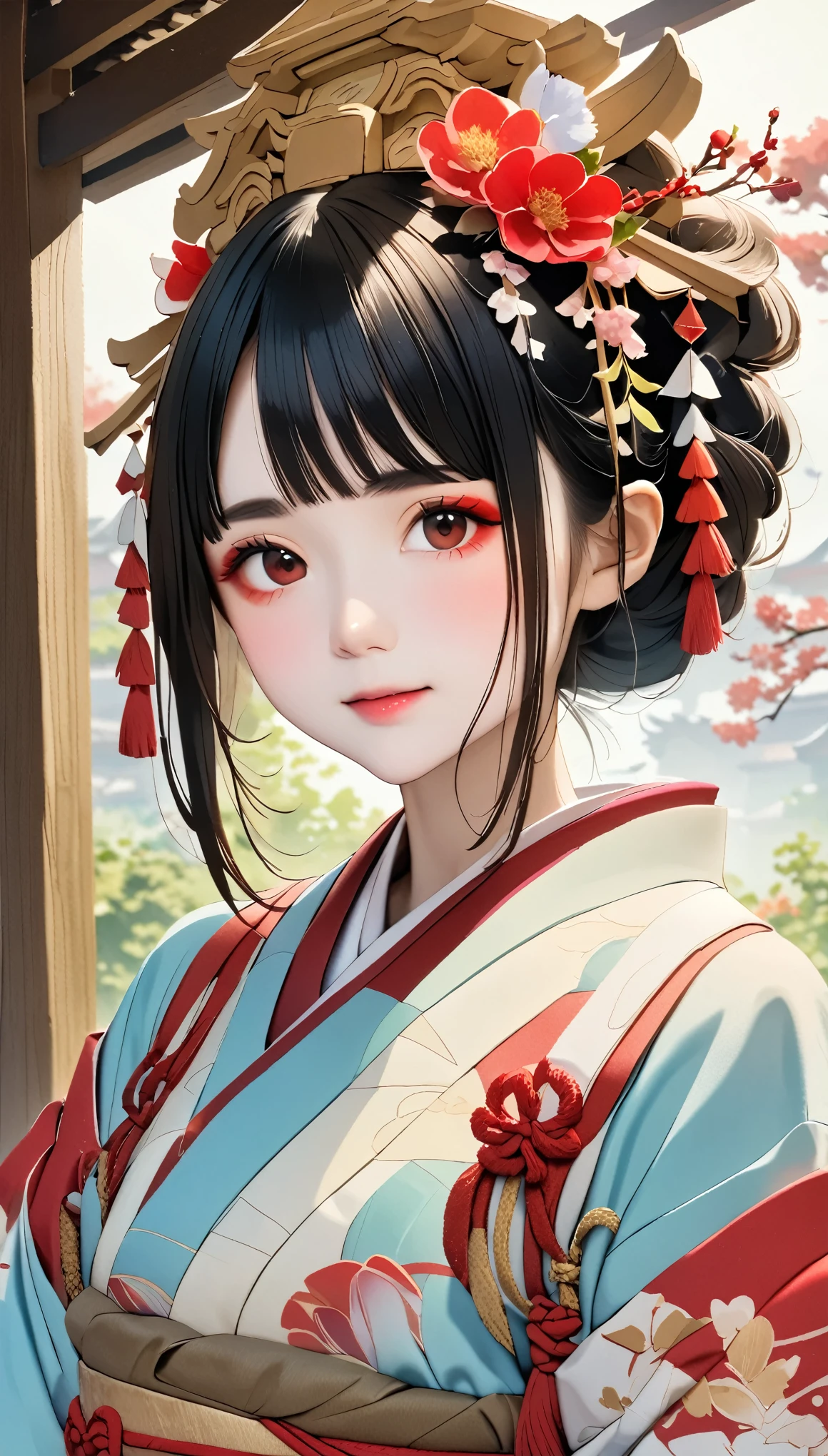 (((Full Body Angle:1.3、Random pose、Wabi-sabi、Japan human heart)))、Pale colors、Watercolor、Alafi wearing a kimono with a red flower headpiece, Geisha Makeup, Full body angle、Portrait of a Geisha画, Geisha Makeup, Cute Face、Thin eyebrows、Portrait of a Geisha, Beautiful Geisha, Japanese Geisha, Glamorous and sexy geisha, 美しいPortrait of a Geisha画, Portrait of a Geisha,Full body angle、 Geisha hairstyle, remarkable Geisha Makeup、The background is Horyuji Temple、Old temple in Japan、