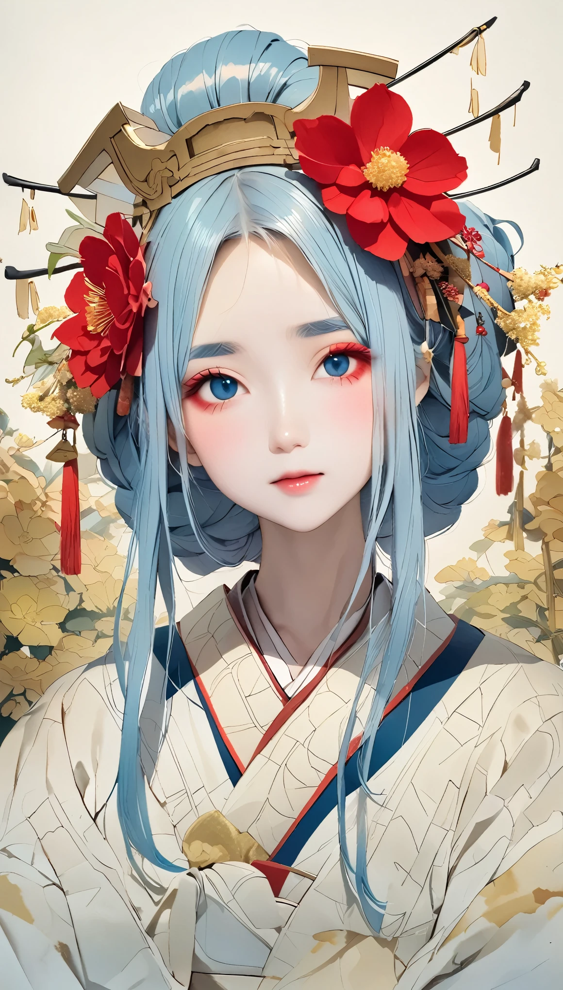 (((Ganzkörperwinkel:1.3、zufällige Pose、Wabi-Sabi、Japan, menschliches Herz)))、Blasse Farben、Aquarell、Alafi trägt einen Kimono mit einem roten Blumenkopfschmuck, Geisha Make-up, Ganzkörperwinkel、Porträt einer Geisha画, Geisha Make-up, niedliches Gesicht、dünne Augenbrauen、Porträt einer Geisha, Schöne Geisha, japanische geisha, glamouröse und sexy Geisha, 美しいPorträt einer Geisha画, Porträt einer Geisha,Ganzkörperwinkel、 Geisha-Frisur, remarkable Geisha Make-up、Der Hintergrund ist der Horyuji-Tempel、Alter Tempel in Japan、