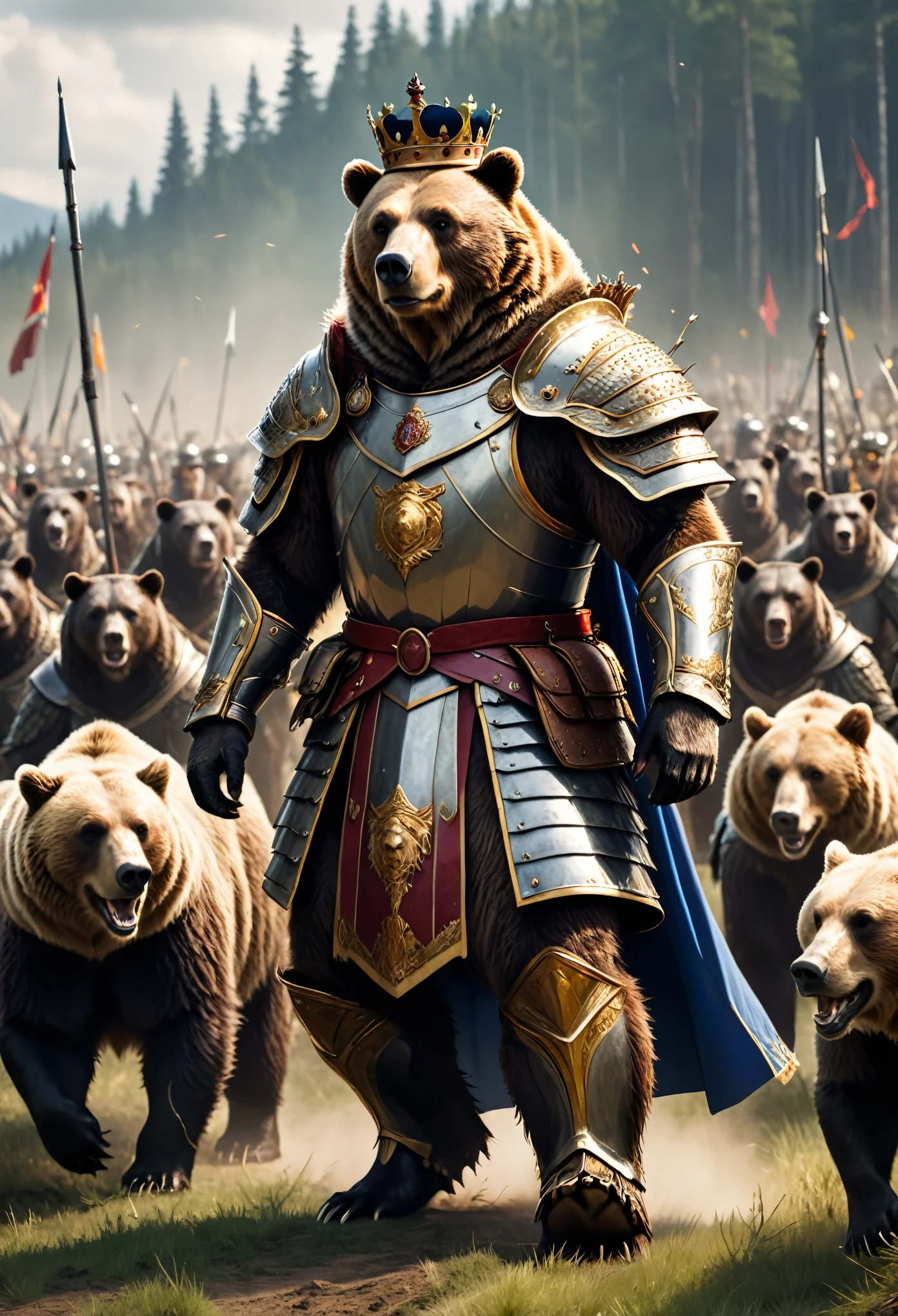 a bear king in regal armour wearing a royal coat leading an army of animals into battle on a battlefield