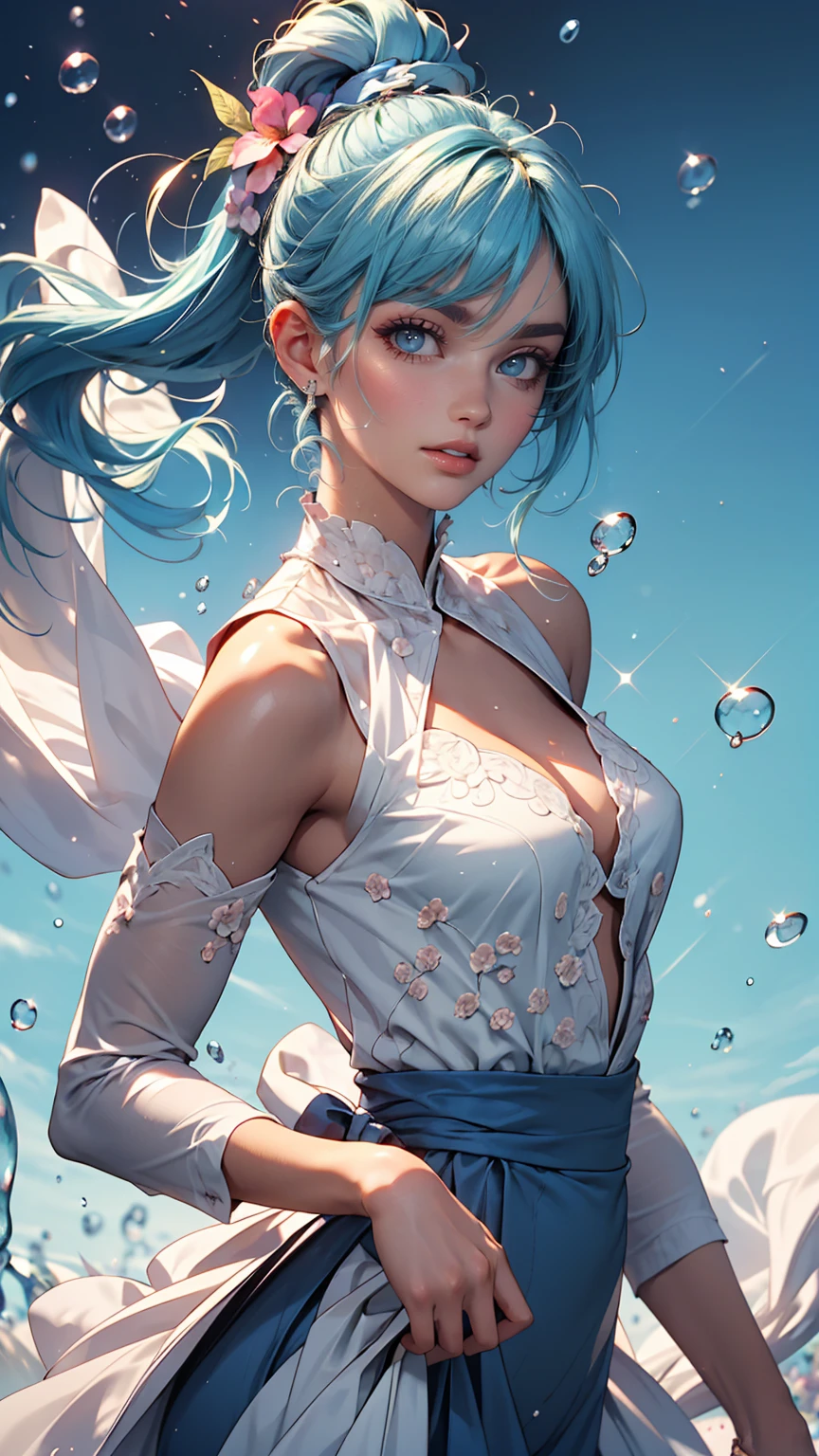 (masterpiece), (highest quality), (Super detailed),(Dish-shaped hair),(figure), (One girl), (Fashionable clothes), Are standing, Fashion Model, View Viewer, (interview), (Simple Background), Beautiful and delicate eyes, delicate beauty, floating, (High saturation), (Colorful Splash), Colorful bubbles, (Shine), Focus on the face, ponytail, Ayaka Kamisato, Light blue hair, bangs, Hair Circle, floating flowers, Flowing Hair, (Shiny), Best lighting, Best Shadow, whole body, Overlooking