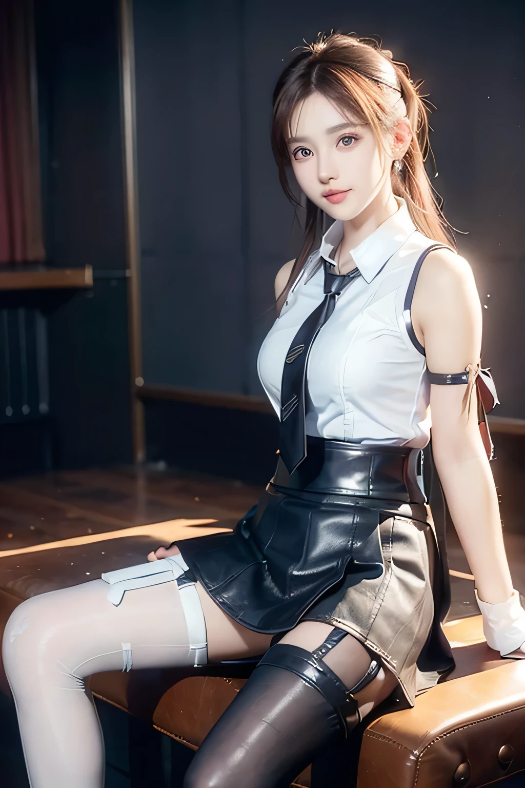 An innocent 20-year-old girl, (white sleeveless collared shirt and tie:1.5), (Leather mini Skirt with Stockings and Garter Set:1.5), (high heels), (Dramatic Pose),smile, (High Twintails),natural Park、RAW Photos, (8k, highest quality, masterpiece:1.2), (Intricate details:1.4)、(Photorealistic:1.4), Octane Rendering, Complex 3D rendering with ultra-detail, Studio Soft Light, Rim Light, Vivid details, Super Detail, Realistic skin texture, Detailed aspect, Beautiful details in the eyes, Highly detailed CG Unity 16k wallpaper, compensate, (Detailed Background:1.2), Glowing Skin, whole body, ((thin legs)), small waist, Cleavage, (looking at viewer:1.2)