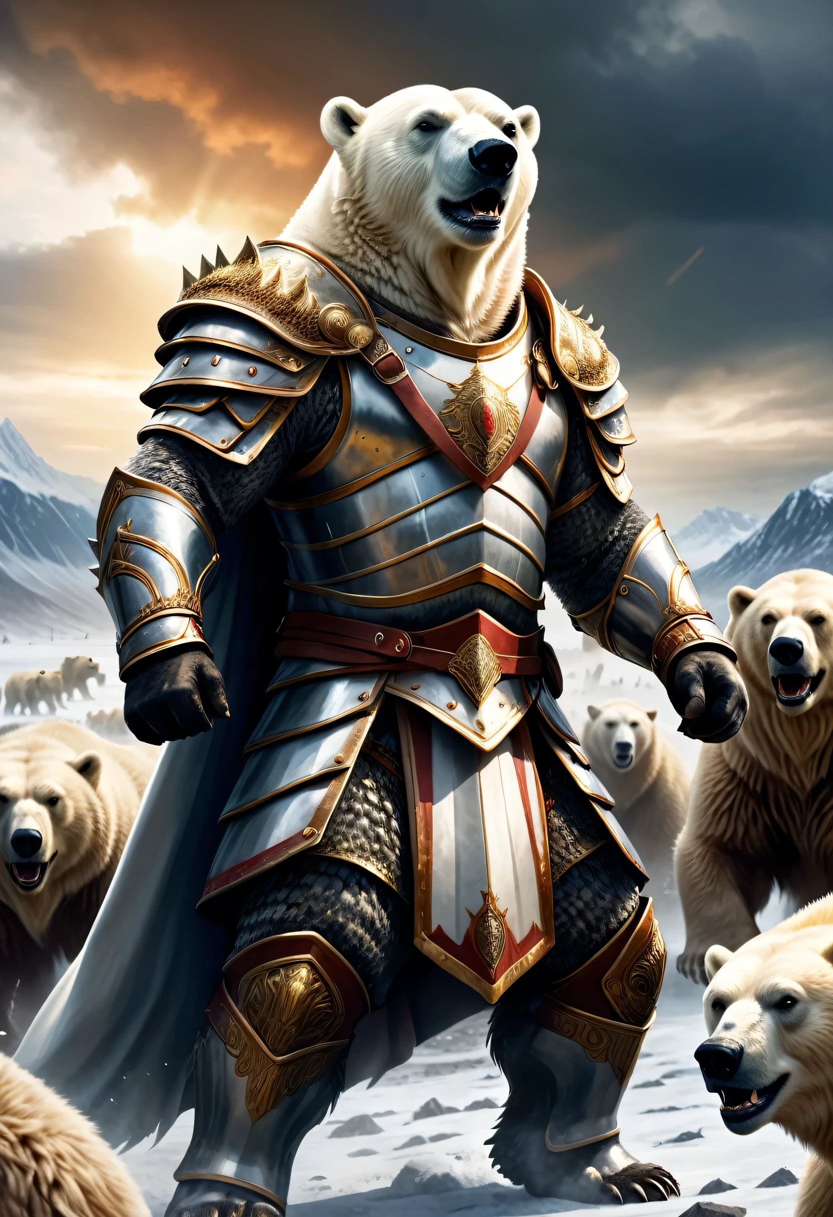 (a brave polar bear king in regal armor, wearing a royal coat,leading an army of animals into battle on a battlefield),illustration,detailed armor and coat,ferocious battle scene,intense action,tremendous power, heroic animals, fierce expressions ,high details, best quality, ultra-detailed, realistic, photorealistic, HDR, vivid colors, dramatic lighting,conqueror,warrior king,commanding presence,beastly leader,epic confrontation,majestic aura,valor and strength,roaring war cries,dominant force,lush background scenery,foreboding atmosphere,masterpiece:1.2