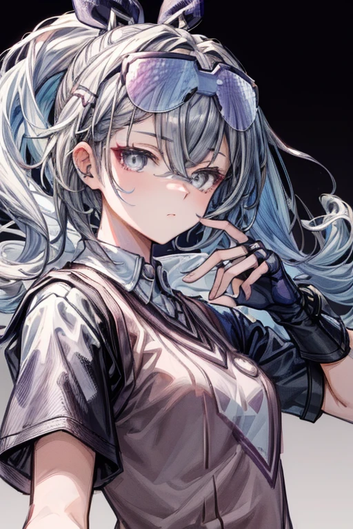 (masterpiece, best quality, perfect face, expressive eyes), 1girl, (anime), silverwolf, eyewear on head, black jacket, grey eyes, fingerless gloves, uniform, 