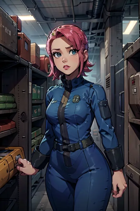 Mayl Sakurai reimagined as a vault dweller, doing maintenance in an underground vault. Her vibrant pink hair stands out against ...