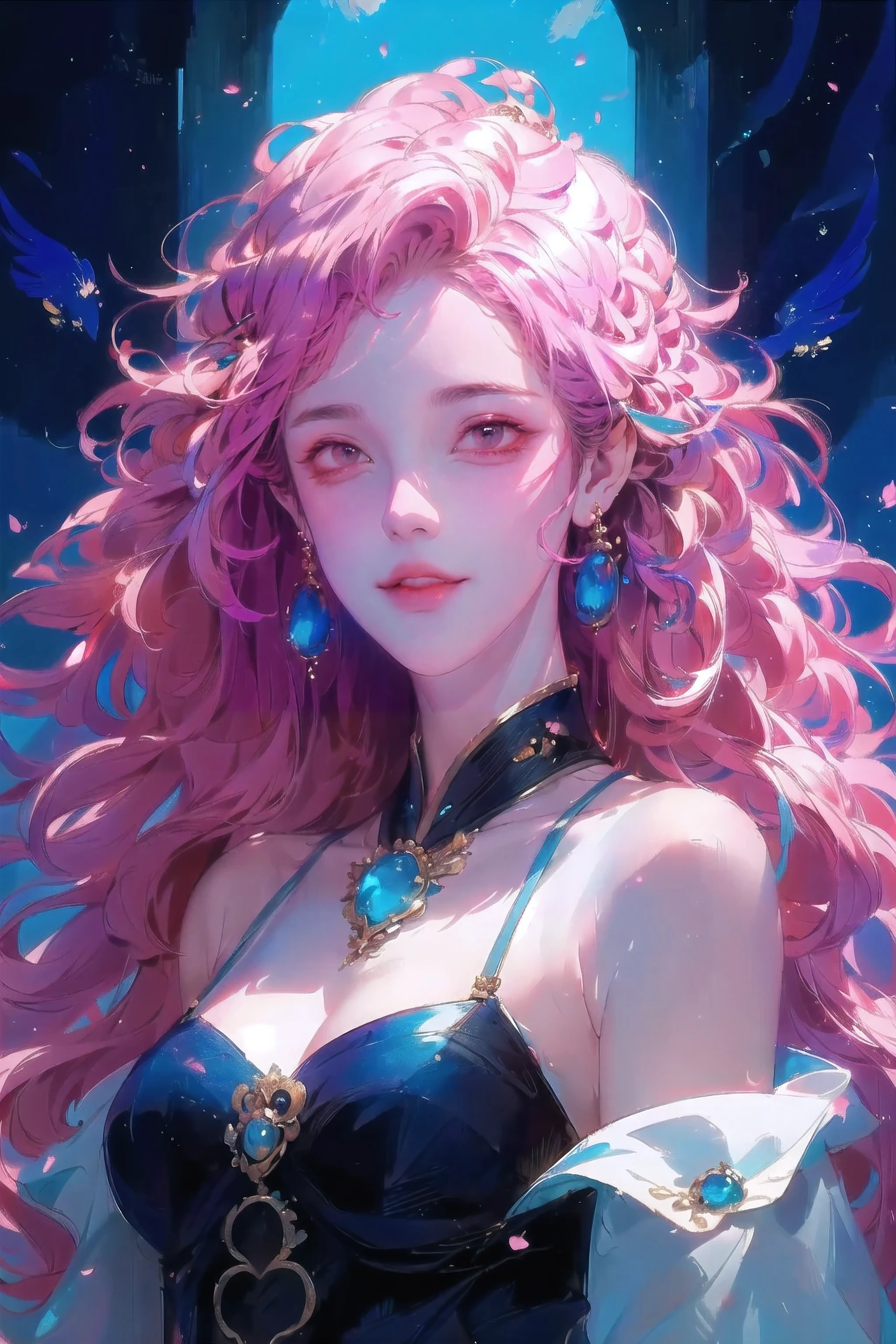 (best quality,4k,8k,highres,masterpiece:1.2),ultra-detailed,(realistic,photorealistic,photo-realistic:1.37),vivid colors,captivating,digital painting,portrait,(long,flowing) pink hair,(beautiful,detailed) half-body portrait,female portrait,captivating blue dress,long hair flowing in the wind,sparkling blue eyes,a gentle smile,romantic atmosphere,pink flowers surrounding the girl,sunlight filtering through the trees,soft and dreamy lighting.