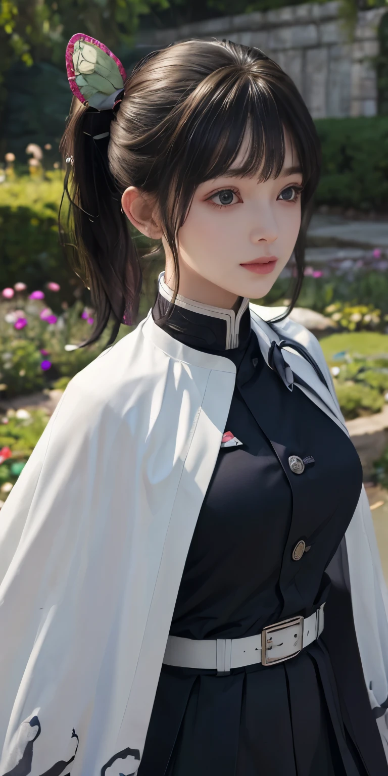 Ultra-realistic 8K CG,masterpiece,((Highly detailed background, Delicate pattern, Intricate details)),最high quality,very detailed 顔,Very detailed eyes and face,非常に細かい目Ultra-realistic 8K CG, masterpiece, close, beauty, from the front, 顔 sticking out, (Highly detailed background, Delicate pattern, Intricate details)), high quality, highly detailed 顔, Highly detailed eyes and 顔, Highly detailed eyes, One girl, kanao tsuyuri, (((Bangs Patsun))),(((Side Ponytail))),(( Demon Slayer uniform:1.4)), Butterfly Hair Ornament,,( white belt), (Cape, white Cape),, (Black jacket), (Pleated skirt), belt, (Black Skirt), knees, buckle, Sword in sheath, belt buckle, (Black Shirt:1.0),  sunlight, Tyndall effect, sword on waist,(garden:1.2),West Saber,Attractive posture, Giant tit， Close-up,A broad perspective,(Straight Bangs：1.4), (blunt bangs:1.4), 