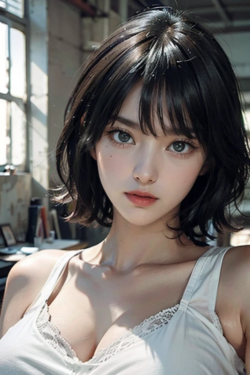 Woman lying in bed、Black Hair、Green Eyes、short hair、（Big Breasts：1.2）、good、White bra、White pants、、Indoor Break、office、Break the audience（masterpiece：1.2）、highest quality、High resolution、Unified 8k wallpaper、（shape：0.8）、（Fine and beautiful eyes：1.6）、Highly detailed face、Perfect lighting、Highly detailed CG、（Perfect hands、Perfect Anatomy）