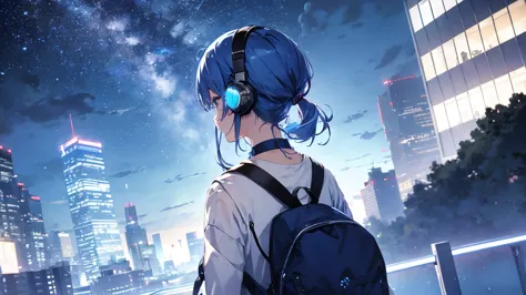 building roof　blue hair、、the starry sky fills the screen.、女の子のback view。woman wearing headphones 4k, sad,、bowwater&#39;art style...