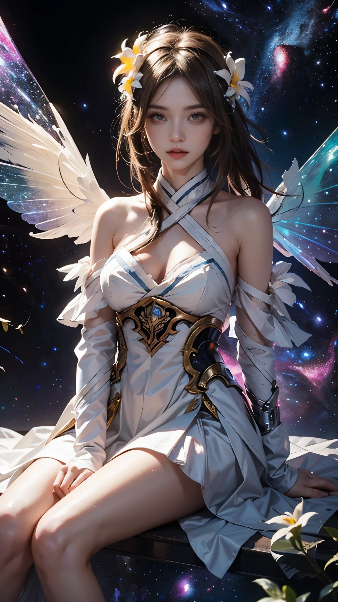 Bare shoulders, short hemlines, 4k ultra hd, masterpiece, a girl, good face, detailed eyes, detailed lips, flower fairy girl, big wings, transparent wings, neon lights, (galaxy background:1.5), in the heaven, sitting on the unicon,