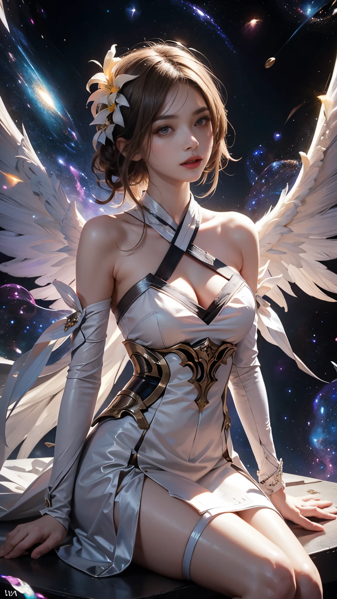 Bare shoulders, short hemlines, 4k ultra hd, masterpiece, a girl, good face, detailed eyes, detailed lips, flower fairy girl, big wings, transparent wings, neon lights, (galaxy background:1.5), in the heaven, sitting on the unicon,