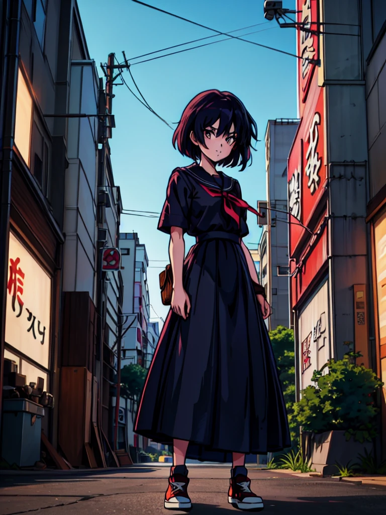 (composition parfaite),personnage d&#39;anime fille délinquante Sukeban debout sur un coin de rue de la ville en seifuku noir avec jupe très longue noire, Style animé. 8k, Style animé mixed with fujifilm, fille d&#39;anime rétro, Style animéd digital art, à Tokyo, Style animé illustration, Style animé 4 k, Style animé artwork, anime affiche film encore portrait, scène d&#39;anime de tokyo, modern Style animé, Style animé digital art, Cheveux courts, 26 ans, converse rouge,