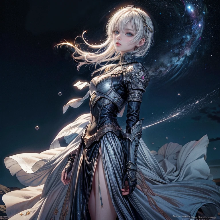 one girl, alone, 19 years old Baldur's Gate 3. bard, official art, white clothes, soft clothes, costumes fluttering in the wind, unity 8k wallpaper, super detailed, beautiful and aesthetic, masterpiece, top quality, adventure, fantasy, grand, bold composition, glitter, lame, starry sky, short cut silver hair, beautiful blue eyes, high definition, diagonal side composition,