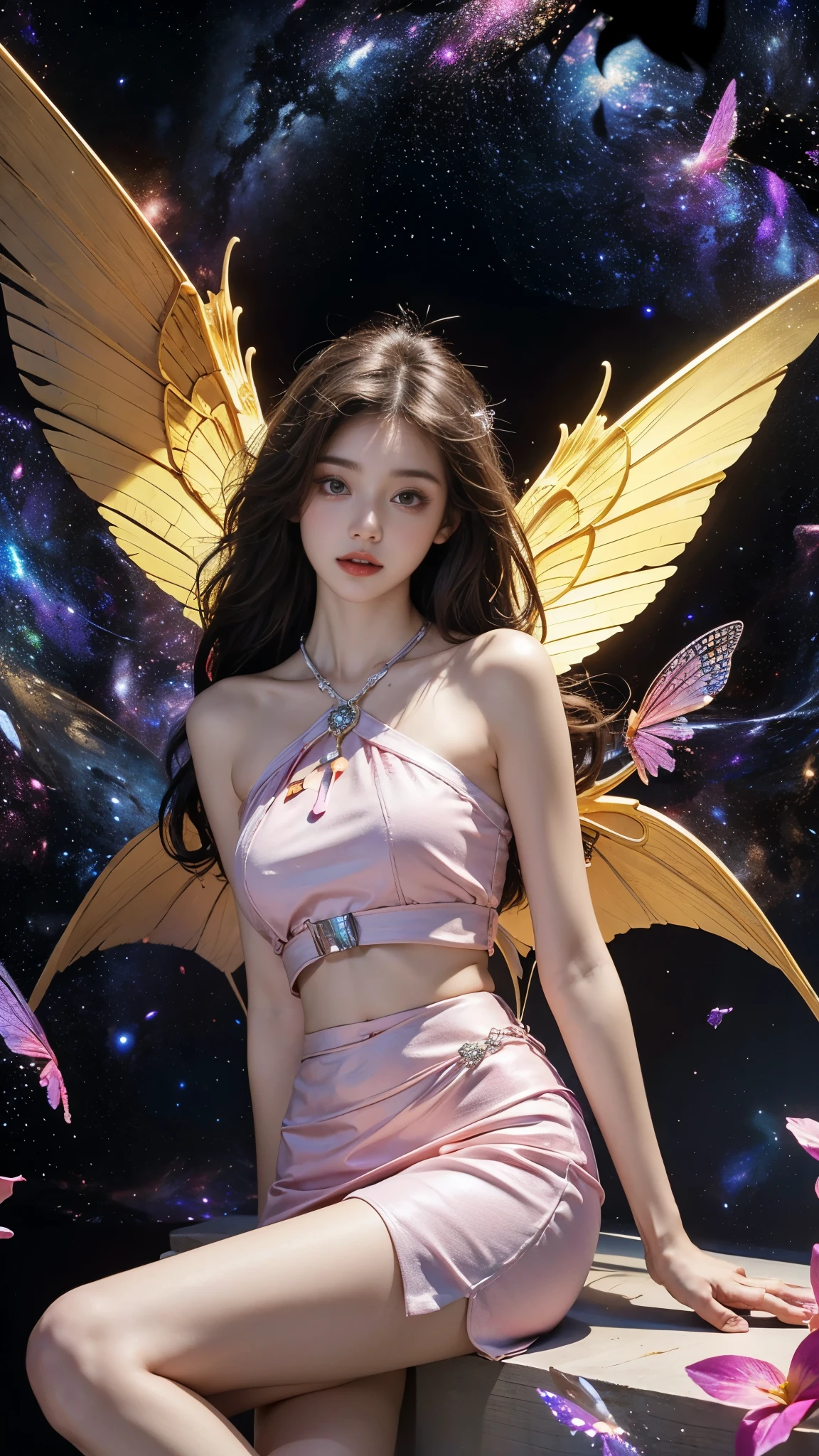 1girl，short skirt，Two piece fashionable outfit, Bare shoulders, short hemlines, 4k ultra hd, masterpiece, a girl, good face, detailed eyes, detailed lips, flower fairy girl, big wings, transparent wings, neon lights, (galaxy background:1.5), in the heaven, sitting on the unicon,