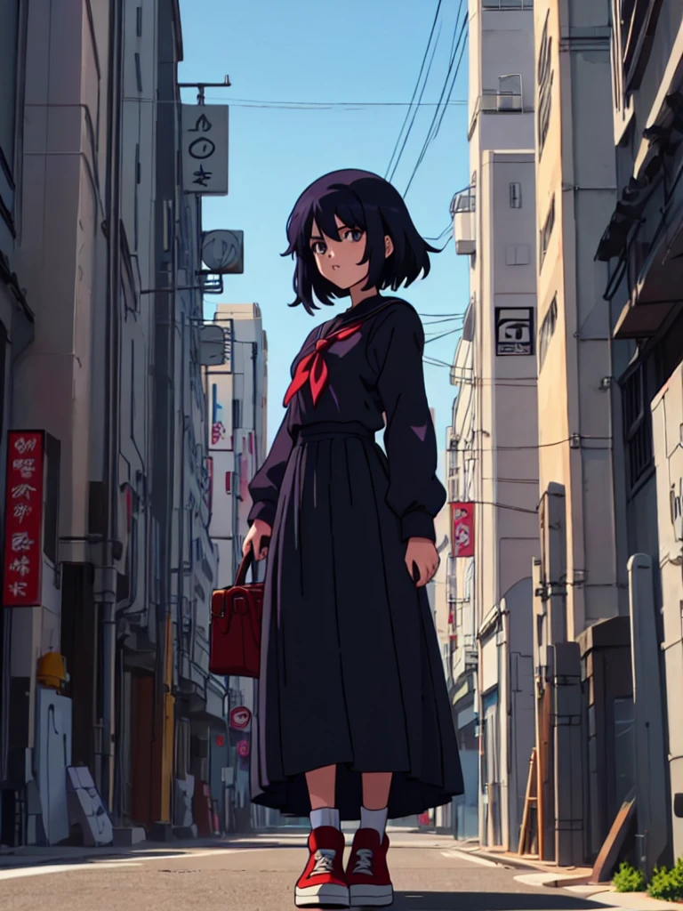 (perfekte Komposition),Anime-Figur Sukeban, kriminelles Mädchen in schwarzem Seifuku und sehr langem schwarzen Rock steht an einer Straßenecke in der Stadt, Anime-Stil. 8k, Anime-Stil mixed with fujifilm, Retro Anime Mädchen, Anime-Stild digital art, in Tokio, Anime-Stil illustration, Anime-Stil 4 k, Anime-Stil artwork, Anime Poster Filmstill Porträt, Tokio Anime-Szene, modern Anime-Stil, Anime-Stil digital art, Kurzes Haar, 26 Jahre alt, rote Converse,