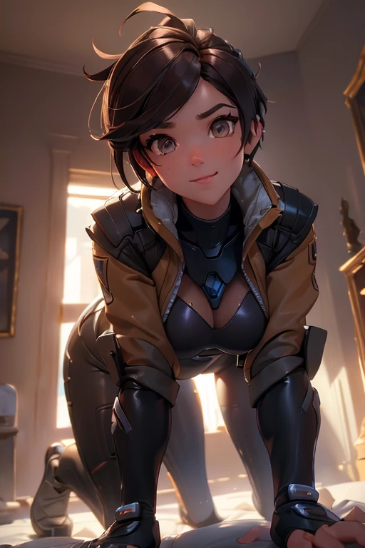 1girl, On all fours pose, on a big luxurious bed, crawling towards the viewer, (masterpiece), (best quality), tracerover, brown hair, spiked hair, short hair, jacket, bodysuit, ((detailed)), ((best quality)), ((masterpiece)), extremely detailed CG unity 8k wallpaper, 32k, focus sharp, photo of perfecteyes eyes, perfecteyes eyes, Masterpiece, raw, beautiful art, professional artist, 8k, very detailed face, very detailed hair, perfectly drawn body, beautiful face, very detailed eyes, smiling, rosey cheeks, intricate details in eyes, perfect fit body, beautiful body, extremely detailed, intricate details, highly detailed, sharp focus, detailed skin, realistic skin texture, texture, detailed eyes, high resolution, kodak vision color, foto_\(ultra\), post-processing, maximum detail, roughness, real life, ultra realistic, photorealism, photography, absurdres, RAW photo, highest quality, high detail RAW color photo, professional photo, extremely detailed UHD 8k wallpaper unit, best quality, highres, (masterpiece, top quality, high resolution:1.4), photo, cinematic, film grain, sharp, soft natural light, magic photography, super detailed, anatomically correct, perfect anatomy