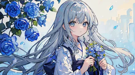 pastel watercolor、girl with lots of flowers、blue flower、gray hair、long hair、can&#39;t move inside jar、pushed in、sitting、cute clo...