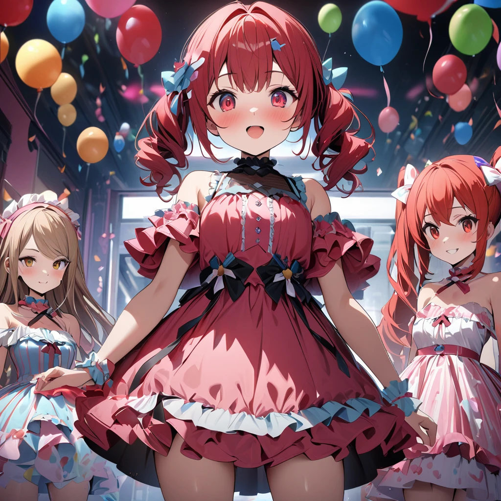 High quality, high definition, hig
h precision images,8k three girls、red hair,Twin tails,Red eyes.(robot style red and white pampering face barrette)、cute colorful party room、She is wearing a cute frilly party dress.