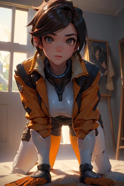 1girl, On all fours pose, on a big luxurious bed, crawling towards the viewer, (masterpiece), (best quality), tracerover, 25 years old, brown hair, spiked hair, short hair, jacket, bodysuit, orange goggles, ((detailed)), ((best quality)), ((masterpiece)), extremely detailed CG unity 8k wallpaper, 32k, focus sharp, photo of perfecteyes eyes, perfecteyes eyes, Masterpiece, raw, beautiful art, professional artist, 8k, very detailed face, very detailed hair, perfectly drawn body, beautiful face, very detailed eyes, smiling, rosey cheeks, intricate details in eyes, perfect fit body, beautiful body, extremely detailed, intricate details, highly detailed, sharp focus, detailed skin, realistic skin texture, texture, detailed eyes, high resolution, kodak vision color, foto_\(ultra\), post-processing, maximum detail, roughness, real life, ultra realistic, photorealism, photography, absurdres, RAW photo, highest quality, high detail RAW color photo, professional photo, extremely detailed UHD 8k wallpaper unit, best quality, highres, (masterpiece, top quality, high resolution:1.4), photo, cinematic, film grain, sharp, soft natural light, magic photography, super detailed, anatomically correct, perfect anatomy