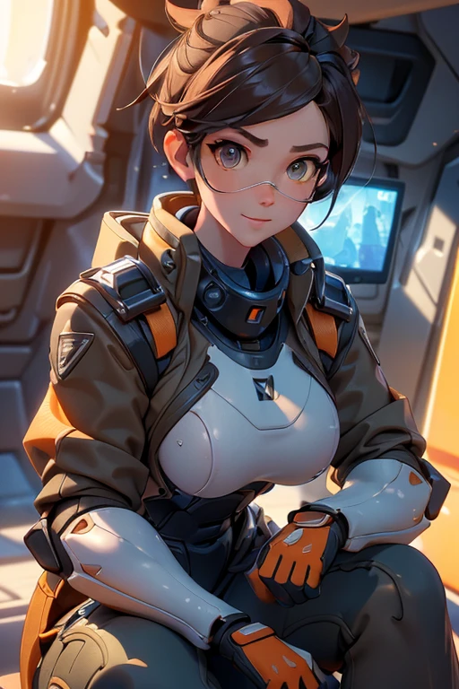 1girl, squatting pose, in a high tech aircraft hangar, tracerover, 25 years old, brown hair, spiked hair, short hair, jacket, bodysuit, orange goggles, ((detailed)), ((best quality)), ((masterpiece)), extremely detailed CG unity 8k wallpaper, 32k, focus sharp, photo of perfecteyes eyes, perfecteyes eyes, Masterpiece, raw, beautiful art, professional artist, 8k, very detailed face, very detailed hair, perfectly drawn body, beautiful face, very detailed eyes, smiling, rosey cheeks, intricate details in eyes, perfect fit body, beautiful body, extremely detailed, intricate details, highly detailed, sharp focus, detailed skin, realistic skin texture, texture, detailed eyes, high resolution, kodak vision color, foto_\(ultra\), post-processing, maximum detail, roughness, real life, ultra realistic, photorealism, photography, absurdres, RAW photo, highest quality, high detail RAW color photo, professional photo, extremely detailed UHD 8k wallpaper unit, best quality, highres, (masterpiece, top quality, high resolution:1.4), photo, cinematic, film grain, sharp, soft natural light, magic photography, super detailed, anatomically correct, perfect anatomy