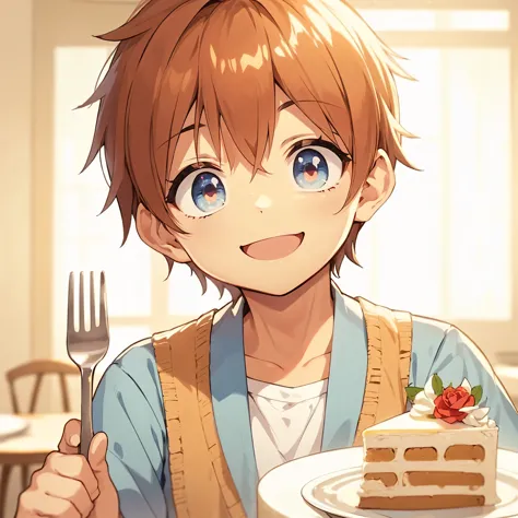 1 boy,smile,cake,fork,(detailed eyes),detailed skin,(masterpiece,best quality:1.4),Top Quality,High quality,Ultra detailed,insan...