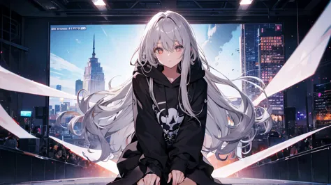 Woman using computer with big screen、Silver Hair、Semi-long hair,{{{{{{{{ Black hoodie oversized }}}}}}}},Beautiful and delicate ...
