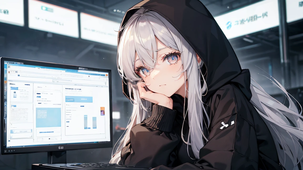 Frau benutzt Computer mit großem Bildschirm、silbernes Haar、Halblanges Haar,{{{{{{{{ Schwarzer Hoodie in Übergröße }}}}}}}},schöne und zarte goldene Augen,Gedanke,schwarze Kleidung,