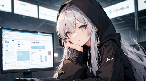 Woman using computer with big screen、Silver Hair、Semi-long hair,{{{{{{{{ Black hoodie oversized }}}}}}}},Beautiful and delicate ...