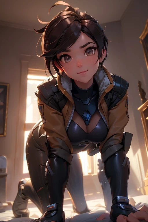 1girl, On all fours pose, on a big luxurious bed, crawling towards the viewer, (masterpiece), (best quality), tracerover, brown hair, spiked hair, short hair, jacket, bodysuit, ((detailed)), ((best quality)), ((masterpiece)), extremely detailed CG unity 8k wallpaper, 32k, focus sharp, photo of perfecteyes eyes, perfecteyes eyes, Masterpiece, raw, beautiful art, professional artist, 8k, very detailed face, very detailed hair, perfectly drawn body, beautiful face, very detailed eyes, smiling, rosey cheeks, intricate details in eyes, perfect fit body, beautiful body, extremely detailed, intricate details, highly detailed, sharp focus, detailed skin, realistic skin texture, texture, detailed eyes, high resolution, kodak vision color, foto_\(ultra\), post-processing, maximum detail, roughness, real life, ultra realistic, photorealism, photography, absurdres, RAW photo, highest quality, high detail RAW color photo, professional photo, extremely detailed UHD 8k wallpaper unit, best quality, highres, (masterpiece, top quality, high resolution:1.4), photo, cinematic, film grain, sharp, soft natural light, magic photography, super detailed, anatomically correct, perfect anatomy, remove extra highlighted limb.