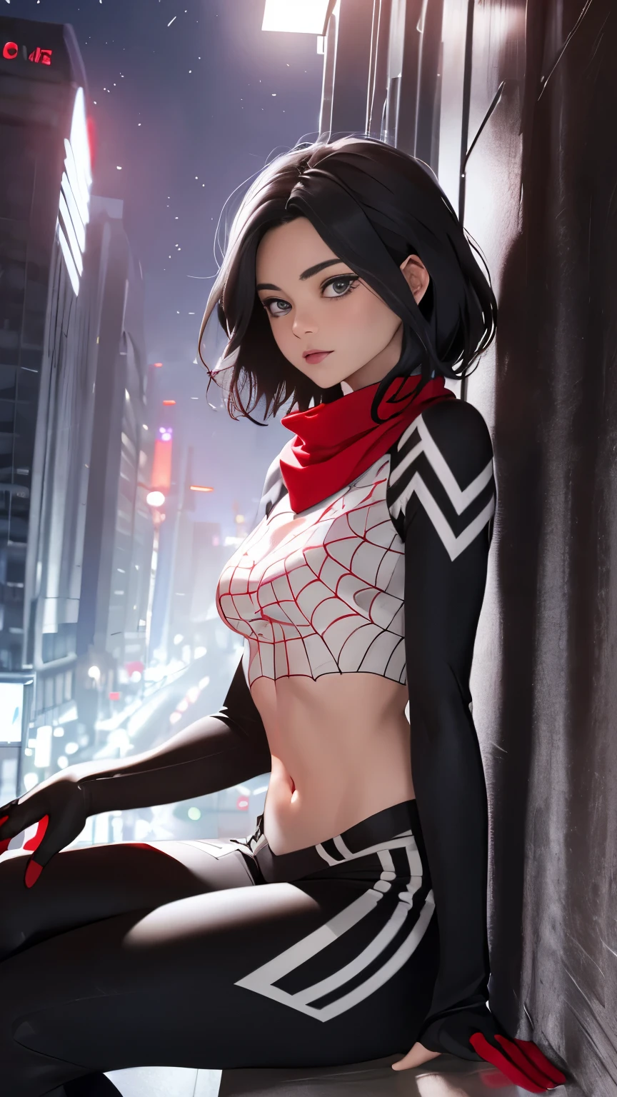 (Highly quality, masterpiece, detailed), Night city detailed scenario, night city detailed background, 20 years old girl, black hair, 1girl, CindyMoon, cindymoon, close-up, upper body, short hair, Black top, white top, black botton, white bottom, long bottom, spider web print, Crop top, Red scarf, Long Sleeves, Gloves, red finger gloves, Abdomen, Expressionless, sitting on top of a building, Navel, beautiful eyes, perfect eyes, looking at the viewer, Sexy pose