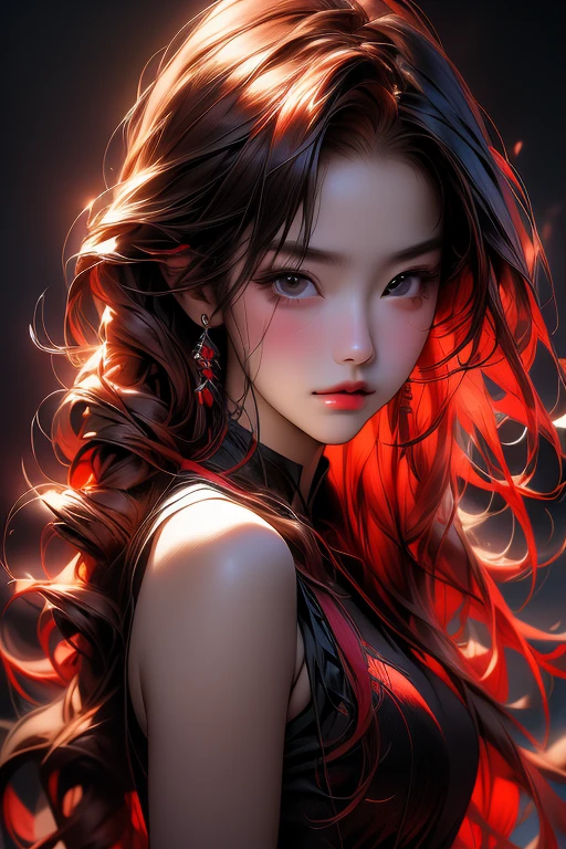 一个美丽的 18 岁女孩的肖像, 红发, 华丽的中国人, 棉质内裤, 在入口, (暗黑个人账户, 阴暗的光线: 1.2), 上半身肖像、杰作, 最高质量, 高质量, 高分辨率,