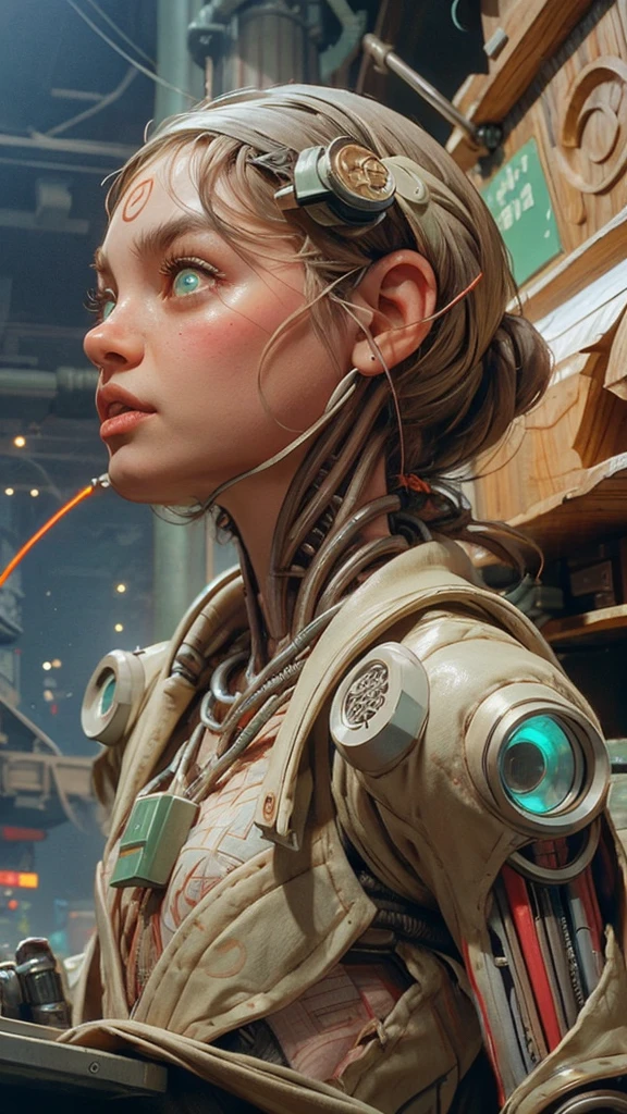 女性ロボットパイロット, 機械的な生き物, 電子配線はコンピュータの神経を中継する, 女の子の顔, ディストピアシュルレアリスム, アレックス・リース ズジザフ・ベクシンスキー ギーガー, 非常に複雑な詳細, 悪魔の中国人女性, 深く輝く目には銀河がある, 頭部には星雲がある, 深い美学, コンセプトアート, 彫刻された銀の回路ダイオード抵抗器半導体, 非常に華やか