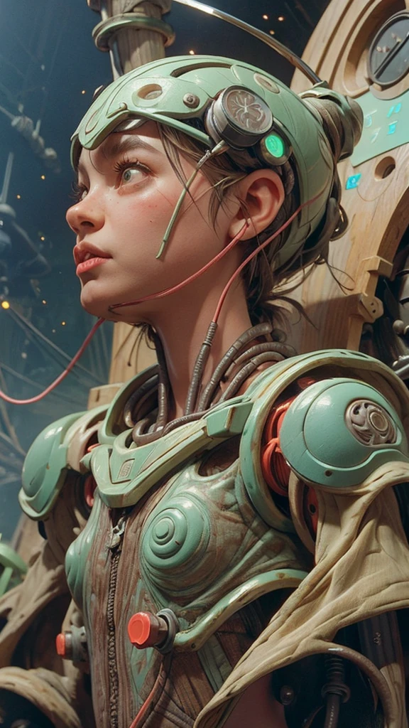 piloto de robot femenino, criatura mecánica, cables electrónicos relés computadora nervios, cara de niña, Surrealismo distópico, alex ries zdzisaw beksinski giger, Detalles muy intrincados, demonio chino femenino, Los ojos profundos y luminosos contienen galaxias., la cabeza contiene una nebulosa, estética profunda, Arte conceptual, Plata tallada circuitos diodos resistencias semiconductores, muy adornado