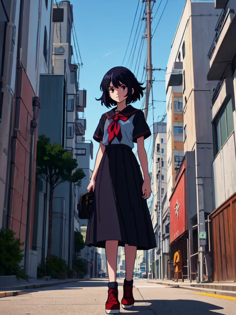 (perfect composition),anime character Sukeban delinquent girl  standing on a city street corner in black seifuku with black very long skirt, anime style. 8k, anime style mixed with fujifilm, retro anime girl, anime styled digital art, in tokyo, anime style illustration, anime style 4 k, anime style artwork, anime poster film still portrait, tokyo anime scene, modern anime style, anime style digital art, short hair, 26year old, red converse,