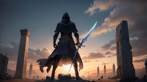 generate an image of man with black cloak with hood and a sword standing infront of ancient ruined city, backview of character