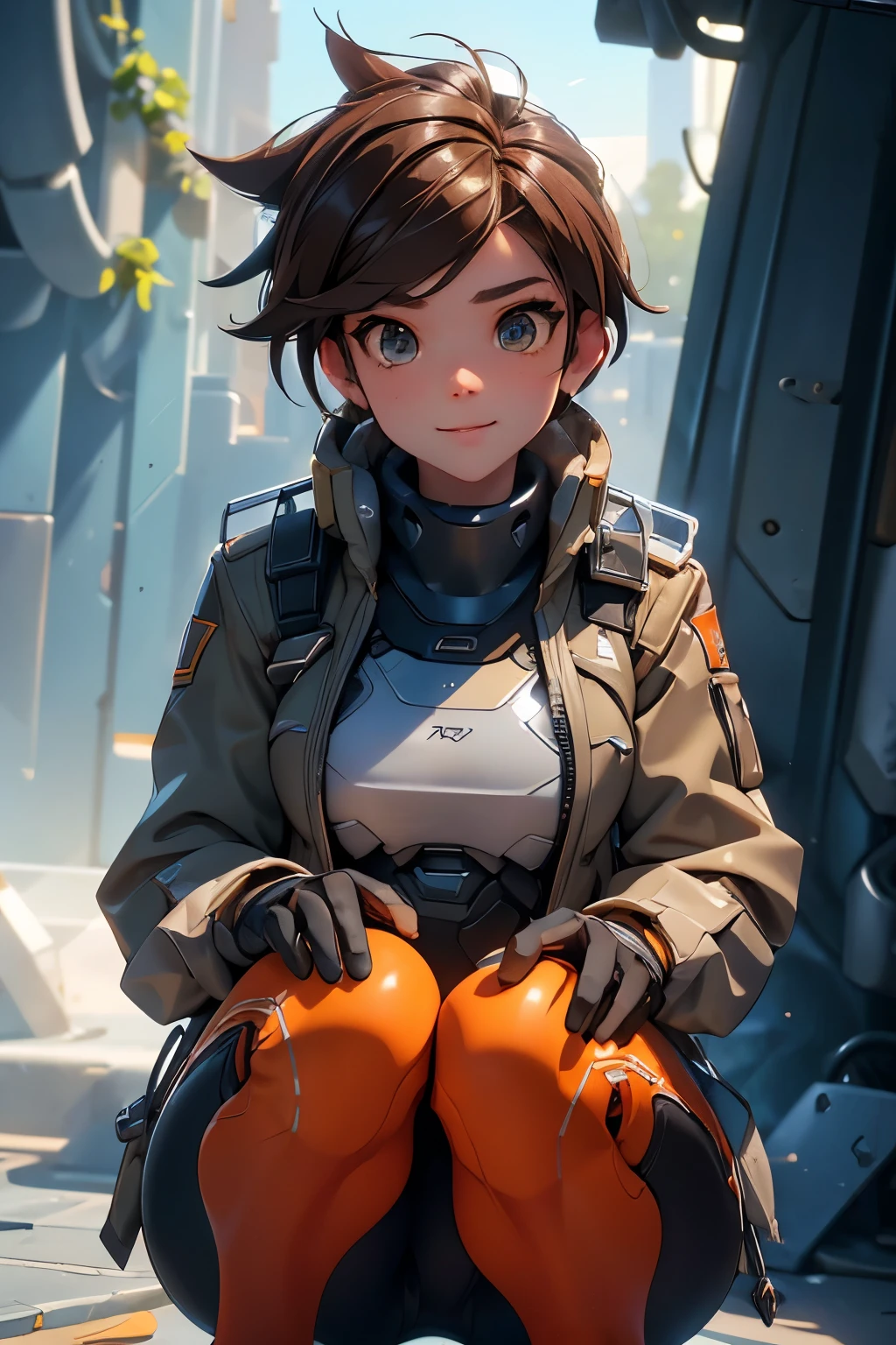 1girl, squatting pose, in a high tech aircraft hangar, tracerover, 25 years old, brown hair, spiked hair, short hair, jacket, bodysuit, goggles, orange goggles, ((detailed)), ((best quality)), ((masterpiece)), extremely detailed CG unity 8k wallpaper, 32k, focus sharp, photo of perfecteyes eyes, perfecteyes eyes, Masterpiece, raw, beautiful art, professional artist, 8k, very detailed face, very detailed hair, perfectly drawn body, beautiful face, very detailed eyes, smiling, rosey cheeks, intricate details in eyes, perfect fit body, beautiful body, extremely detailed, intricate details, highly detailed, sharp focus, detailed skin, realistic skin texture, texture, detailed eyes, high resolution, kodak vision color, foto_\(ultra\), post-processing, maximum detail, roughness, real life, ultra realistic, photorealism, photography, absurdres, RAW photo, highest quality, high detail RAW color photo, professional photo, extremely detailed UHD 8k wallpaper unit, best quality, highres, (masterpiece, top quality, high resolution:1.4), photo, cinematic, film grain, sharp, soft natural light, magic photography, super detailed, anatomically correct, perfect anatomy