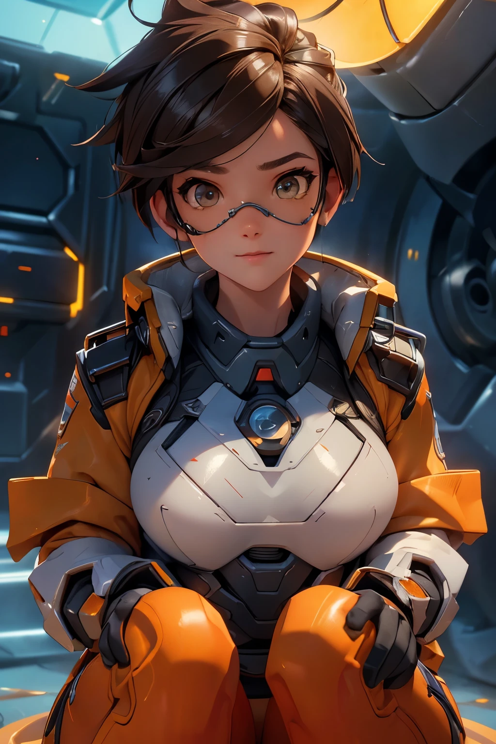 1girl, squatting pose, in a high tech aircraft hangar, tracerover, 25 years old, brown hair, spiked hair, short hair, jacket, bodysuit, goggles, orange goggles, ((detailed)), ((best quality)), ((masterpiece)), extremely detailed CG unity 8k wallpaper, 32k, focus sharp, photo of perfecteyes eyes, perfecteyes eyes, Masterpiece, raw, beautiful art, professional artist, 8k, very detailed face, very detailed hair, perfectly drawn body, beautiful face, very detailed eyes, smiling, rosey cheeks, intricate details in eyes, perfect fit body, beautiful body, extremely detailed, intricate details, highly detailed, sharp focus, detailed skin, realistic skin texture, texture, detailed eyes, high resolution, kodak vision color, foto_\(ultra\), post-processing, maximum detail, roughness, real life, ultra realistic, photorealism, photography, absurdres, RAW photo, highest quality, high detail RAW color photo, professional photo, extremely detailed UHD 8k wallpaper unit, best quality, highres, (masterpiece, top quality, high resolution:1.4), photo, cinematic, film grain, sharp, soft natural light, magic photography, super detailed, anatomically correct, perfect anatomy