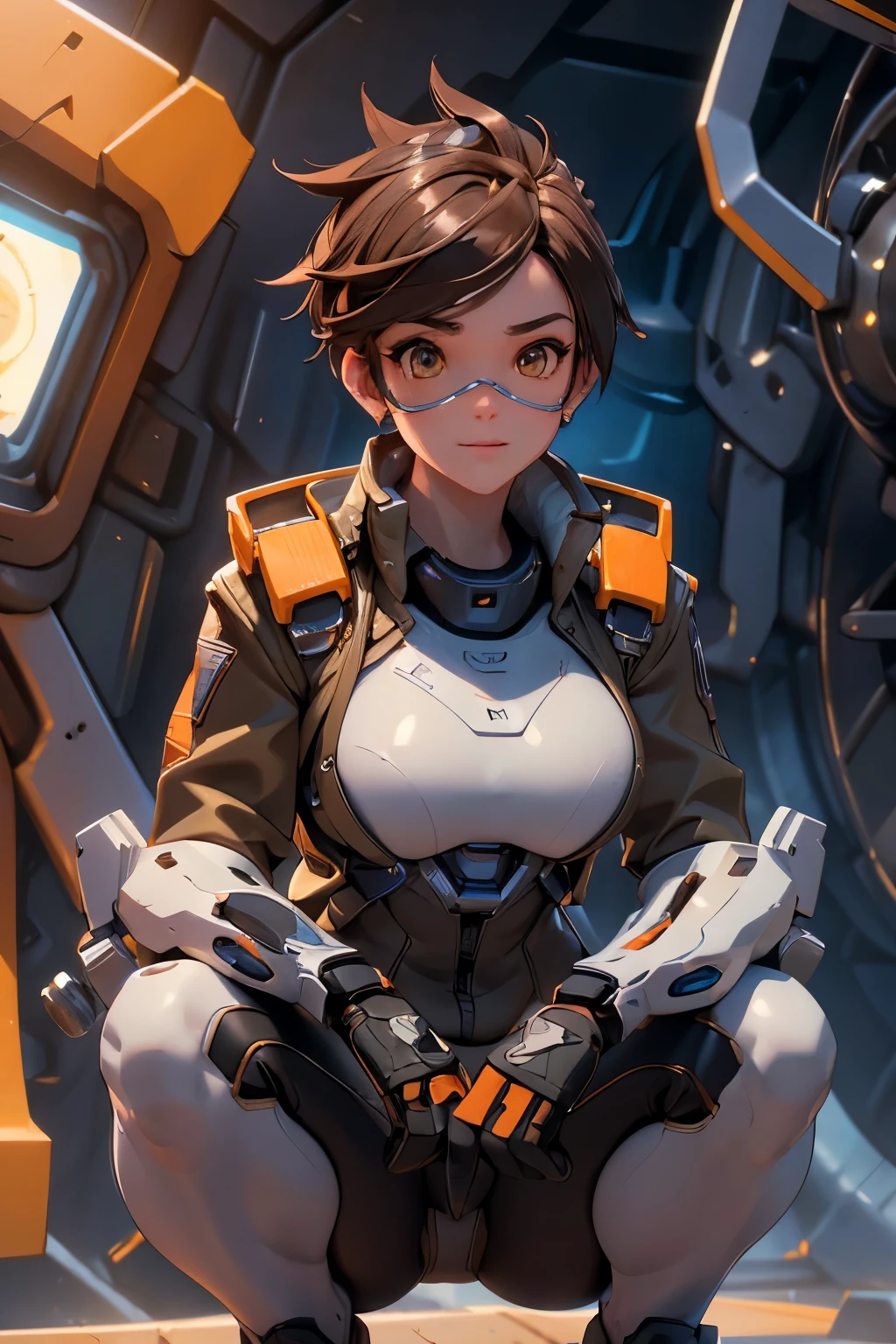 1girl, squatting pose, in a high tech aircraft hangar, tracerover, 25 years old, brown hair, spiked hair, short hair, jacket, bodysuit, goggles, orange goggles, ((detailed)), ((best quality)), ((masterpiece)), extremely detailed CG unity 8k wallpaper, 32k, focus sharp, photo of perfecteyes eyes, perfecteyes eyes, Masterpiece, raw, beautiful art, professional artist, 8k, very detailed face, very detailed hair, perfectly drawn body, beautiful face, very detailed eyes, smiling, rosey cheeks, intricate details in eyes, perfect fit body, beautiful body, extremely detailed, intricate details, highly detailed, sharp focus, detailed skin, realistic skin texture, texture, detailed eyes, high resolution, kodak vision color, foto_\(ultra\), post-processing, maximum detail, roughness, real life, ultra realistic, photorealism, photography, absurdres, RAW photo, highest quality, high detail RAW color photo, professional photo, extremely detailed UHD 8k wallpaper unit, best quality, highres, (masterpiece, top quality, high resolution:1.4), photo, cinematic, film grain, sharp, soft natural light, magic photography, super detailed, anatomically correct, perfect anatomy