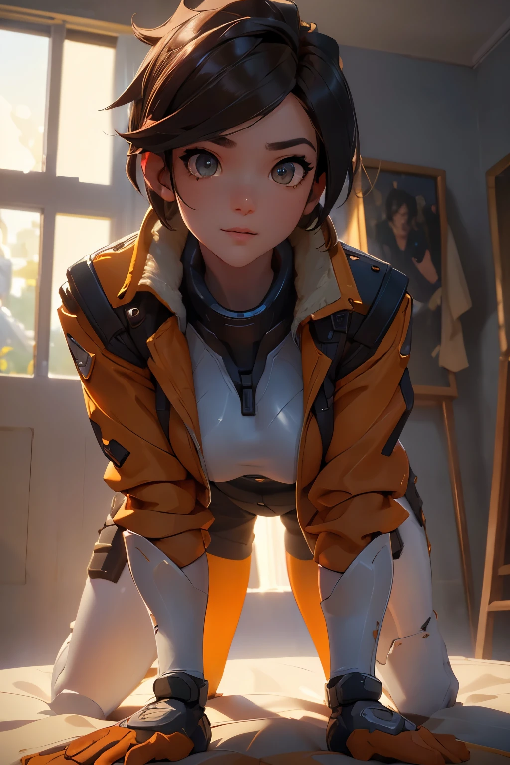 1girl, On all fours pose, on a big luxurious bed, crawling towards the viewer, (masterpiece), (best quality), tracerover, 25 years old, brown hair, spiked hair, short hair, jacket, bodysuit, orange goggles, ((detailed)), ((best quality)), ((masterpiece)), extremely detailed CG unity 8k wallpaper, 32k, focus sharp, photo of perfecteyes eyes, perfecteyes eyes, Masterpiece, raw, beautiful art, professional artist, 8k, very detailed face, very detailed hair, perfectly drawn body, beautiful face, very detailed eyes, smiling, rosey cheeks, intricate details in eyes, perfect fit body, beautiful body, extremely detailed, intricate details, highly detailed, sharp focus, detailed skin, realistic skin texture, texture, detailed eyes, high resolution, kodak vision color, foto_\(ultra\), post-processing, maximum detail, roughness, real life, ultra realistic, photorealism, photography, absurdres, RAW photo, highest quality, high detail RAW color photo, professional photo, extremely detailed UHD 8k wallpaper unit, best quality, highres, (masterpiece, top quality, high resolution:1.4), photo, cinematic, film grain, sharp, soft natural light, magic photography, super detailed, anatomically correct, perfect anatomy