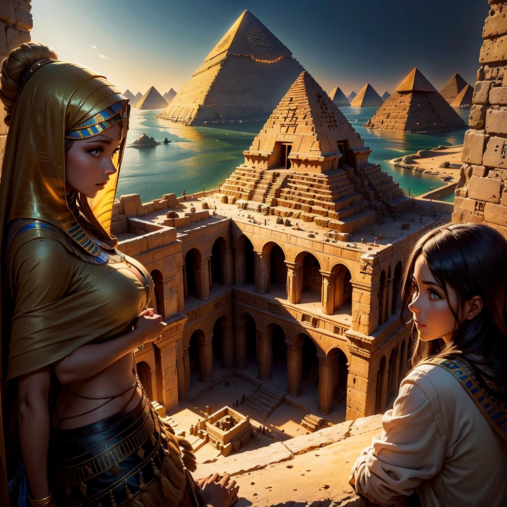 A beautiful Woman looks in amazement from inside the Pyramid (home) at the beautiful exterior landscape of Egypt. Ancient Egyptian civilization, wide shot, the Nile River, new pyramid, pyramid building, modern Egypt but 3500 BC The river extends to the horizon, epic feeling, sensation of greatness. View from inside, top of a pyramid (the highest).