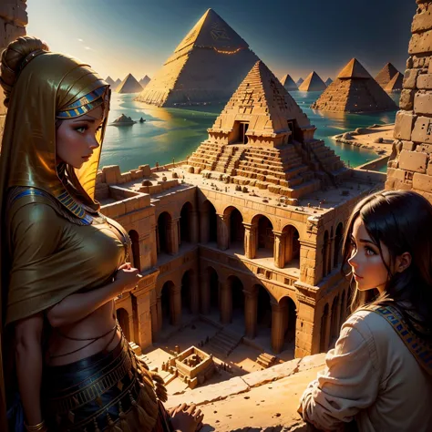 a beautiful woman looks in amazement from inside the pyramid (home) at the beautiful exterior landscape of egypt. ancient egypti...