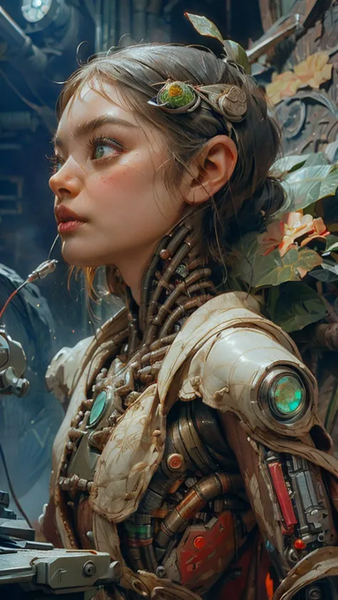 female robot pilot, mechanical creature, electronic wires relays computer nerves, girl face, dystopian surrealism, alex ries zdz...