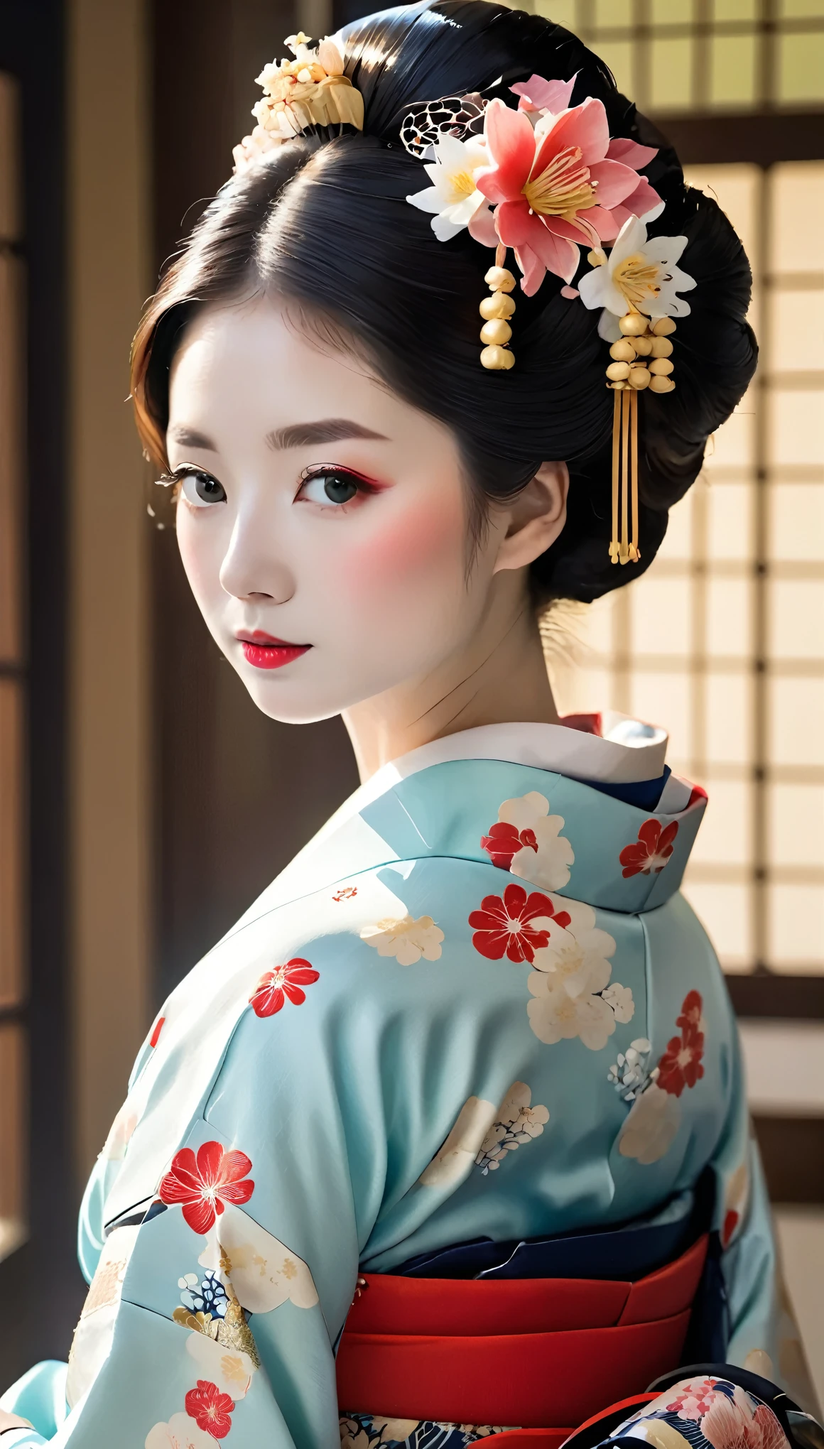 (((Meisterwerk、höchste Qualität)))、(((Ganzkörperwinkel:1.5、Schöne Haltung Ganzkörperfoto、Takageta、weiße Tabi-Socken、Anime-Stil、Geisha geht in Takageta spazieren:1.5、Schönes Aussehen)))、Eine Frau in ihren Vierzigern trägt einen Kimono mit einem wunderschönen Blumenhaarschmuck, Geisha Make-up, Porträt einer Geisha画, Geisha Make-up, niedliches Gesicht、dünne Augenbrauen、Porträt einer Geisha, Schöne Geisha, japanische geisha, glamouröse und sexy Geisha, 美しいPorträt einer Geisha画, Porträt einer Geisha, Geisha-Frisur, remarkable Geisha Make-up