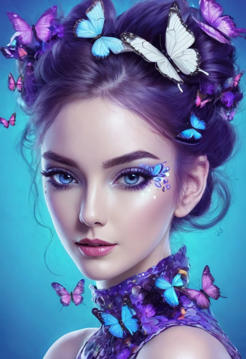 beautiful Woman with butterflies in her hair "girl" (digital art), hyperdetalization,stylization,poster,composition,purple-blue background,lots of details,beautiful