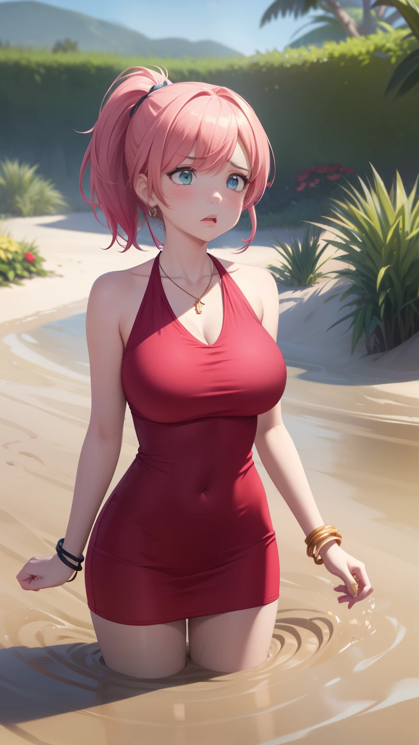1girl, natural lighting, masterpiece, highly detailed, illustration, game CG, absurdres, high quality, aichan, large breasts, beautiful detailed eyes, medium bright pink hair, ponytail, bangs, glossy lips, upset, scared, garden, halter top minidress, bracelets, necklace, jewelry, (quicksand:1.2)