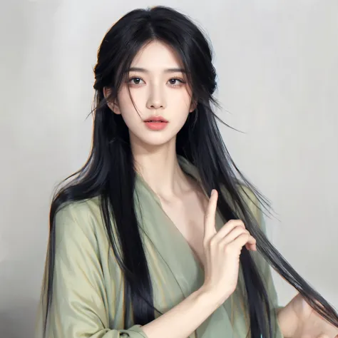 Black long straight hair，Middle-parted bangs，Ancient style long straight hair