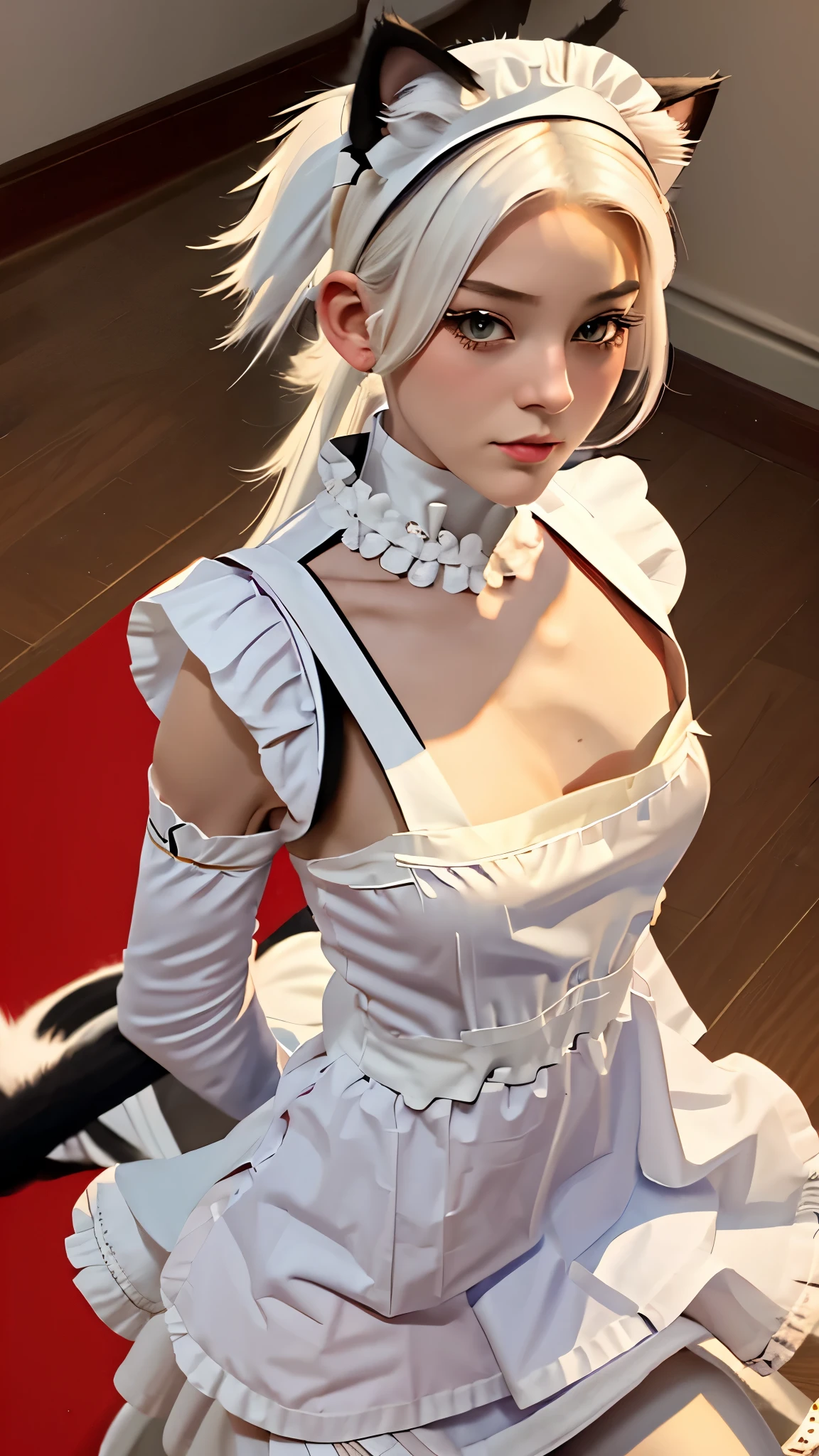 1girl, nobody, ebenya, looking at viewer, white hair, neko, cat ears, cat tail, open clothes, (maid, maid uniform:1.5), thin body, flat chest, sensual pose, Russian royal country house, tsar house, ba-shiroko, comics, fantasia, sfw, marvel e DC